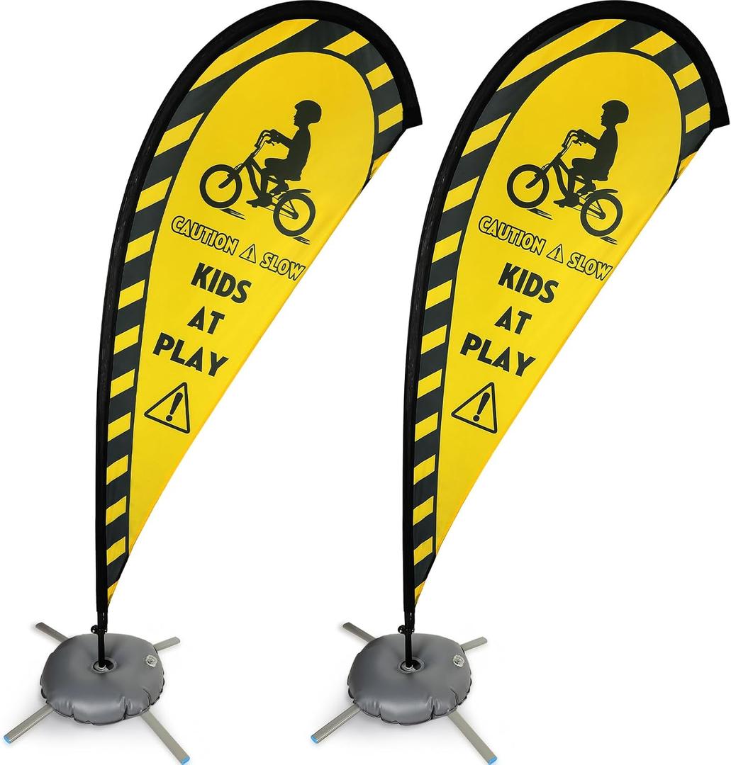 Newwiee 2 Pack Kids at Play Flag Banner Flag Safety Sign with Fiberglass Poles and Weighted Base Slow Sign for Streets, Yards and Driveways(Yellow)