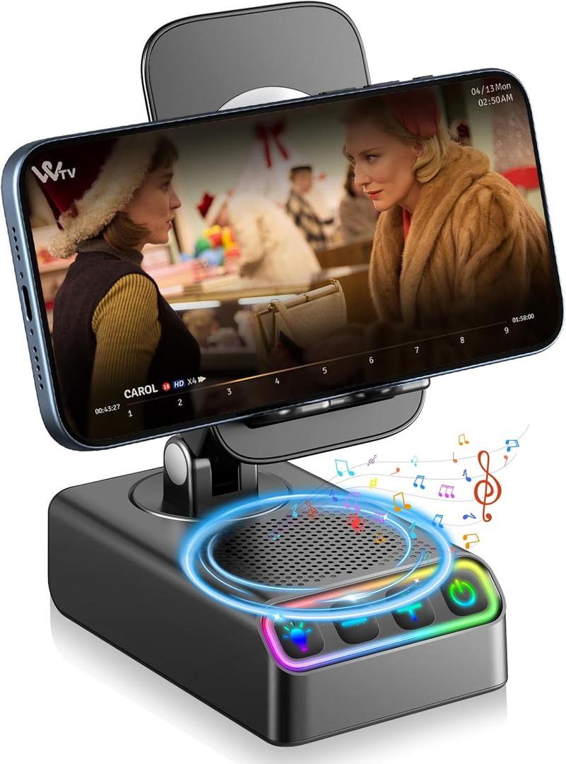 Hupoaf Adjustable Cell Phone Stand with Wireless Induction Bluetooth Speaker, HD Surround Sound for Home and Outdoors, Compatible with iPhone/iPad/Samsung Galaxy, Popular Gifts for Men Women Dad Mom