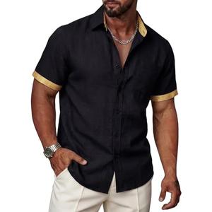 Ailisus Men’s Linen Shirts Short Sleeve Casual Contrast Collar Button Down Shirt for Summer Holiday Beach Shirt with Pocket, Small