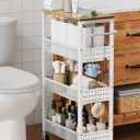 Utility Slim Storage Cart, 4-Tier Narrow Bathroom Organizers and Storage Cart, Narrow Metal Kitchen Laundry Room Organization Shelf with Wood Top, Slim Rolling Carts with Wheels for Small Space (Top: 9.1 | Max Width: 10.3, Light White)