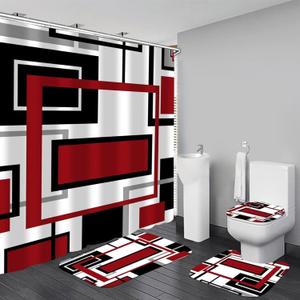 4 Pcs Red Geometric Shower Curtain Sets with Rugs Red Bathroom Sets with Shower Curtain and Rugs Modern Bathroom Curtains Shower Set with Toilet Lid Cover for Bathroom Decor Accessories
