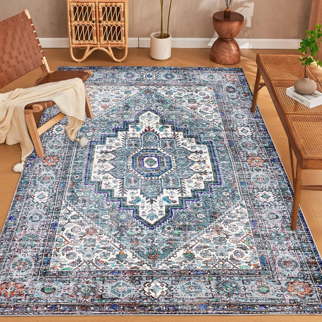 6x9 Area Rugs Clearance Washable Rug Oriental Boho Vintage Living Room Rugs for Bedroom Ultra Soft Low Pile Non Slip Washable Area Rug for Living Room Dining Room Playroom (Grey/Multi)