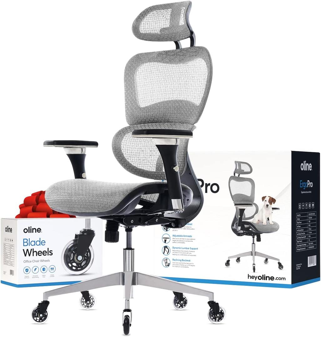 Oline ErgoPro Ergonomic Office Chair - Rolling Desk Chair with 4D Adjustable Armrest, 3D Lumbar Support and Blade Wheels - Mesh Computer Chair, Gaming Chairs, Executive Swivel Chair (Light Gray) (Grey)