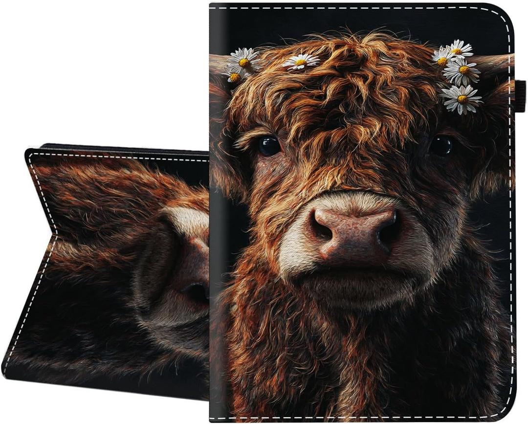 Case for Samsung Galaxy Tab S10 FE+/ S10 FE Plus 5G 13.1 2025,Premium PU Leather Cover with Auto Sleep Wake,Highland Cow with Daisies