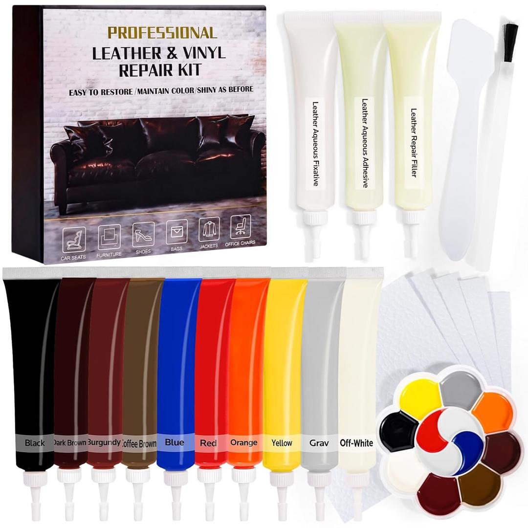 Vinyl & Leather Repair Kit for Furniture: Fix Tears Holes Scratches and Peeling on Any Material Bonded Italian Pleather Genuine - Match Any Color on Vinyl Furniture Car Seats Couches Jackets