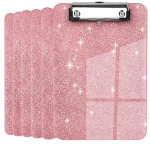 6 PCS A5 Size Clipboards, Size 6" x 9"in ClipBoards, Glitter Clipboard with Low Profile Clip, Sparkle Plastic Clipboard, Cute Hanging Clip Boards for Office Supplies Clipboards Mini Clip Board-Pink