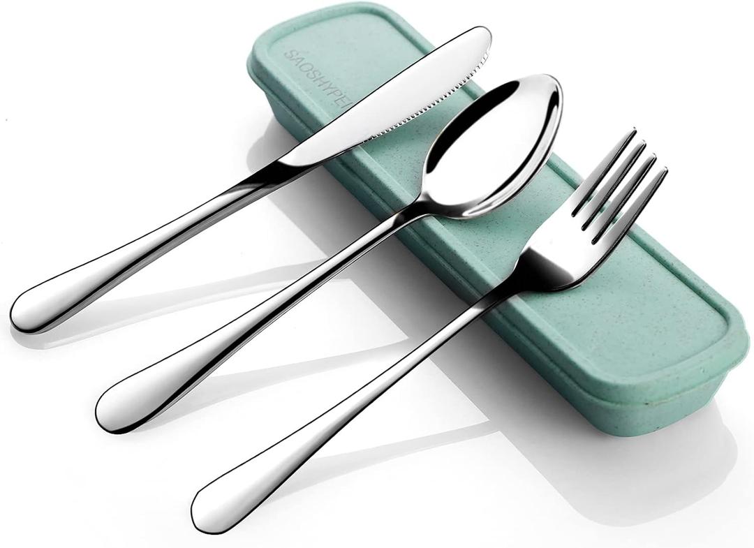 Travel Utensils with Case,SAOHYPEI Portable Silverware Set for Work, 4-Piece Stainless Steel Portable Cutlery Set,Lunch Box for Camping Work School, Include Fork Spoon Knife, Dishwasher Safe,Silver