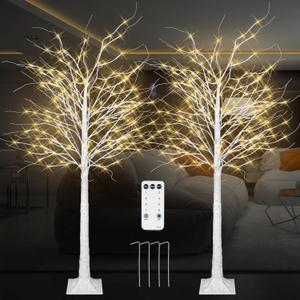KOL 6FT 2-Pack Artificial Lighted Birch Tree, 200 Warm White Fairy LED Lights, Indoor Outdoor Home Garden Party Wedding Thanksgiving Christmas Decor, Realistic Dense Faux Plant with Remote Control