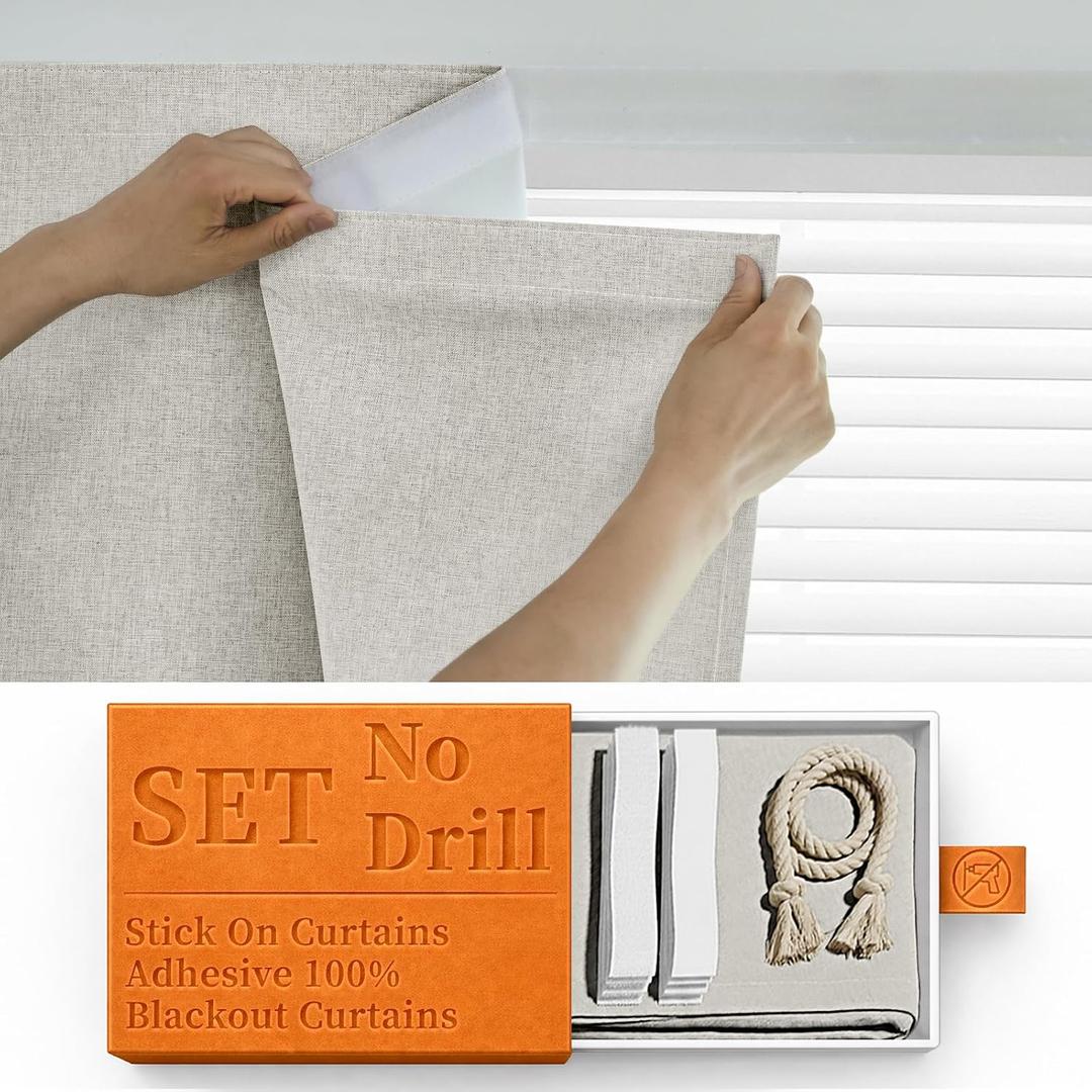 100% Blackout Self Adhesive Curtains Portable Curtain Simple and Easy to install Bedroom Window Thermal Insulated Kitchen Room Darkening Black Small Drapes, W35 x L72 inch, 1 Panel, Light Beige