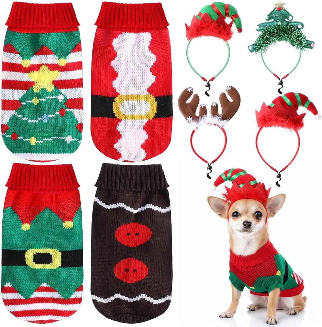 SilTriangle 8 Pack Dog Christmas Costume Dog Christmas Pet Sweaters and Headband Set Winter Knitwear Xmas Clothes Adjustable Xmas Hair Hoop Headwear for Pet Costume Accessories(Medium)