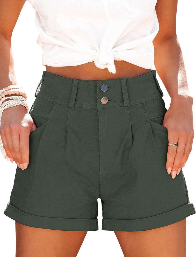 Womens Relaxed Fit Casual High Waist Pocketed Denim Shorts (Small, Olive Green)
