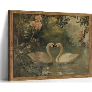Vintage Swan Wall Art, Antique Swan Art Print, Rustic Farmhouse Romantic Decor, Cottagecore Animal Oil Painting, Aesthetic Swans Picture Wall Decor for Bedroom Living Room 16x24 inch Wood Framed