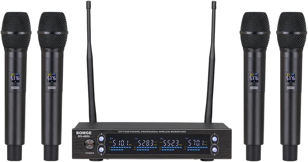 BOMGE Wireless Microphone System 4-Channel, UHF Cordless Dynamic Four Mics Set,Auto Connect, All Metal Design,for Home Karaoke, Meeting, Party, Church, DJ, Wedding, Home KTV Set, 260ft