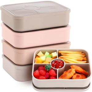 4 Pack Silicone Bento Boxes for Adults, 5 Compartment Reusable Lunch Containers with Sauce Section, Leakproof Meal Prep Snack Box Microwave & Dishwasher Safe for Office(Light Color)
