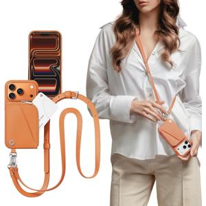 MAGEASY Compatible with iPhone 17 Pro 6.3" Wallet Case with Crossbody Strap - Coin Purse & Card Slot, with Leather Crossbody Lanyard, 16ft Ultimate Drop Protection | Pouch (Coral)