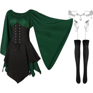 Haysandy 4 Pcs Women Elf Costume Renaissance Traditional Irish Dress Fairy Ears for Halloween Cosplay (X-Small, Green, Black)
