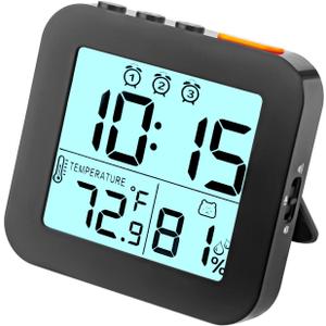 Linoutx Digital Alarm Clock, Battery Operated Desk Clock with 3 Bells, Small and Light Travel Clock with Temperature, Portable Clock with Humidity, Snooze, 12/24H Display for Heavy Sleepers (Black)