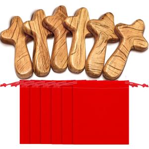 6 Sets Small Hand Held Pine Wooden Cross with Velvet Bag Pocket Cross 4.1 Inches Portable Holding Wood Pocket Cross Clinging Cross Jesus Cross Gift for Prayer Palm Size Men Church Gift (Light Brown)