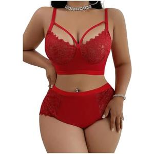 SOLY HUX Women's Plus Size Sheer Lace Lingerie Wireless Bra and Panty Only1 Piece Underwear Set 3XL