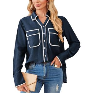 Womens Dressy Tops Contrast Color Button Down Shirts Work Office Blouse 2024 Fall Fashion Sheer Collared Shirt Navy Blue, Small