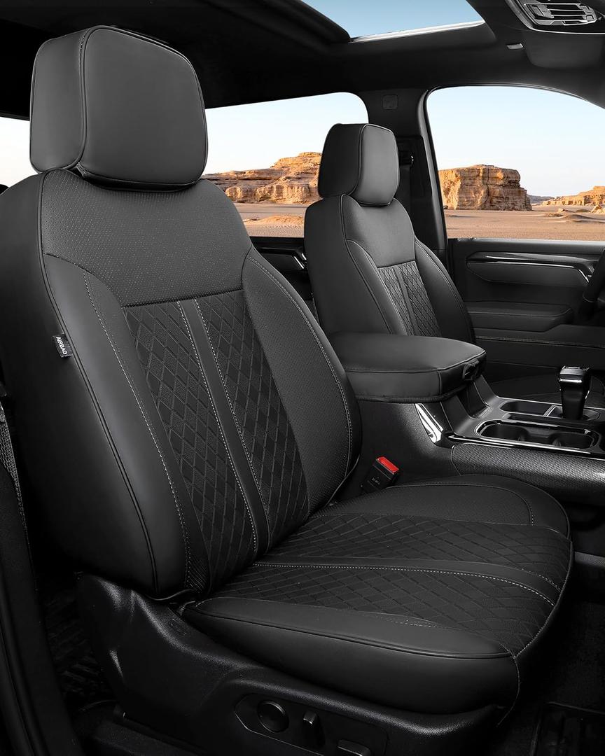 for Chevy Silverado & GMC Sierra Leather Seat Covers, Crew Cab 1500 2019-2026, 2500HD 3500HD 2020-2026, Custom Fit Truck Seat Cover Full Set, Black (No Rear Cupholder/Seatback Storage)