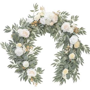 Floroom 6ft Artificial Eucalyptus Garland with Flowers Fake Greenery Faux Floral Vine Garland for Table Decor Wedding Centerpieces Bridal Shower Party Decorations, Cream White