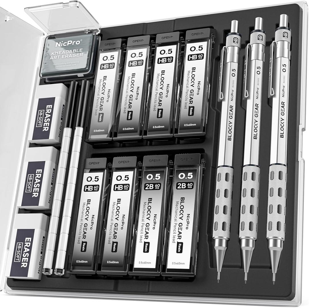 Nicpro 3 Pack Blocky Gear 0.5 mm Metal Mechanical Pencils Set with Case, Lead Drafting Pencil with 8 Tube (480PCS) Lead Refills(HB 2B), 4 Erasers, 18 Eraser Refills for Art Writing, Sketching Drawing