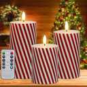 Yongmao Christmas Flickering Red Stripes Glitter Flameless Candles, Battery Operated Pillar Real Wax LED Electric Candle with Remote Timer for Home Christmas Party Decor D3 x H4 5" 6" Set of 3