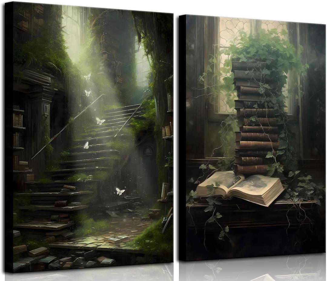 2Pcs Dark Academia Canvas Wall Art Vintage Moody Book Green Botanical Cottagecore Posters Prints Victorian Gothic Aesthetic Gallery Library Room Decor Pictures 12x16in