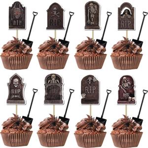 96PCS Halloween Cupcake Toppers with Novelty Mini Shovel Spoons and Spiders Cake Decorations Tombstones Graveyard Cupcake Toppers for Halloween Party, Birthday Party Decoration Supplies