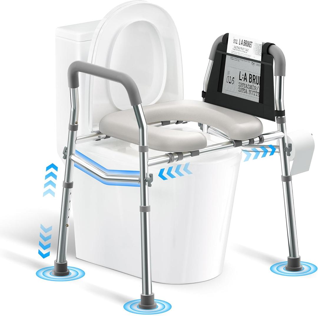 Raised Toilet Seat with Handles, Height and Width Adjustable FSA/HSA Eligible Toilet Seat Risers for Seniors 400lb Cozy Padded Raised Toilet Seat for Elderly, Handicap and Disabled Grey (Gray)