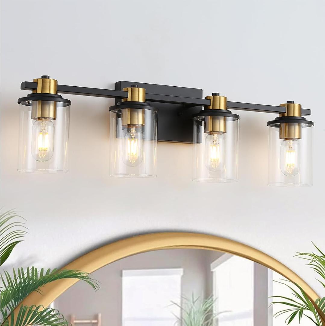 LOUSACE Bathroom Lighting Fixtures Black and Gold 4 Light Bathroom Vanity Light Over Mirror with Clear Glass Shades, Brushed Gold Socket Wall Vanity Lighting Fixtures for Bedroom Living Room