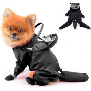 Small Dog Full Body Coverage Raincoat Solid Four-Leg Onesie Rain Jacket Waterproof Hoodie Puppy Clothes Button Lightweight Cats Costume, Black, S (S: Chest: 13.8", Back: 10.6")