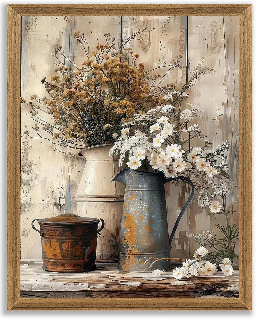 Krtoni Framed Farmhouse Vintage Canvas Wall Art, Country Floral Daisy Picture Wall Decor, White Jasmine Flowers and Rust Kettle Poster Print for Living Room Bedroom Bathroom Rustic Decor 10''L x 8''W