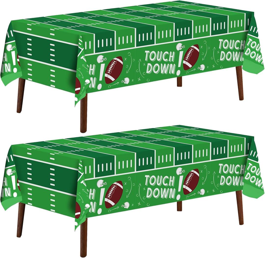 CXPSINC 2 Pack Football Tablecloth Disposable Plastic Football Party Decorations Tablecloth Rectangle Table Cover for Party Theme Decoration Supplies 54 x 108 Inches (Green Football)