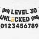 KatchOn, Custom Happy Birthday Banner - 10 Feet, DIY Numbers | Level Up birthday Banner for Any age | Gamer Birthday Party Decorations | Video Game Birthday Decorations for Men, Women, Teens, Gamers, Black and Gold