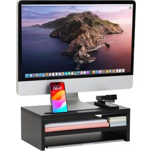 Mind Reader Monitor Stand with Phone Slot and Storage Shelf, Desktop Riser, 88 lb Capacity, MDF Wood, Black