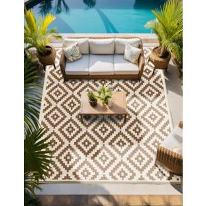JBGO Outdoor Rug - Patio Rug - Reversible Woven Lightweight Large Recycled Plastic Striped Stain Proof Indoor Area Runner Mat - Deck, Patio, Camping, Picnic, Balcony - Doe&Coconut Milk - 4' x 6