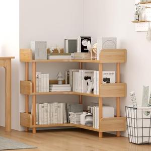 OSCHF Wooden Reversible Corner Bookshelf - Modern 3 Tiers L-Shaped Bookcase with Solid Wood Frame and Edge Protection for Home and Office, Open Storage Shelf, Oak