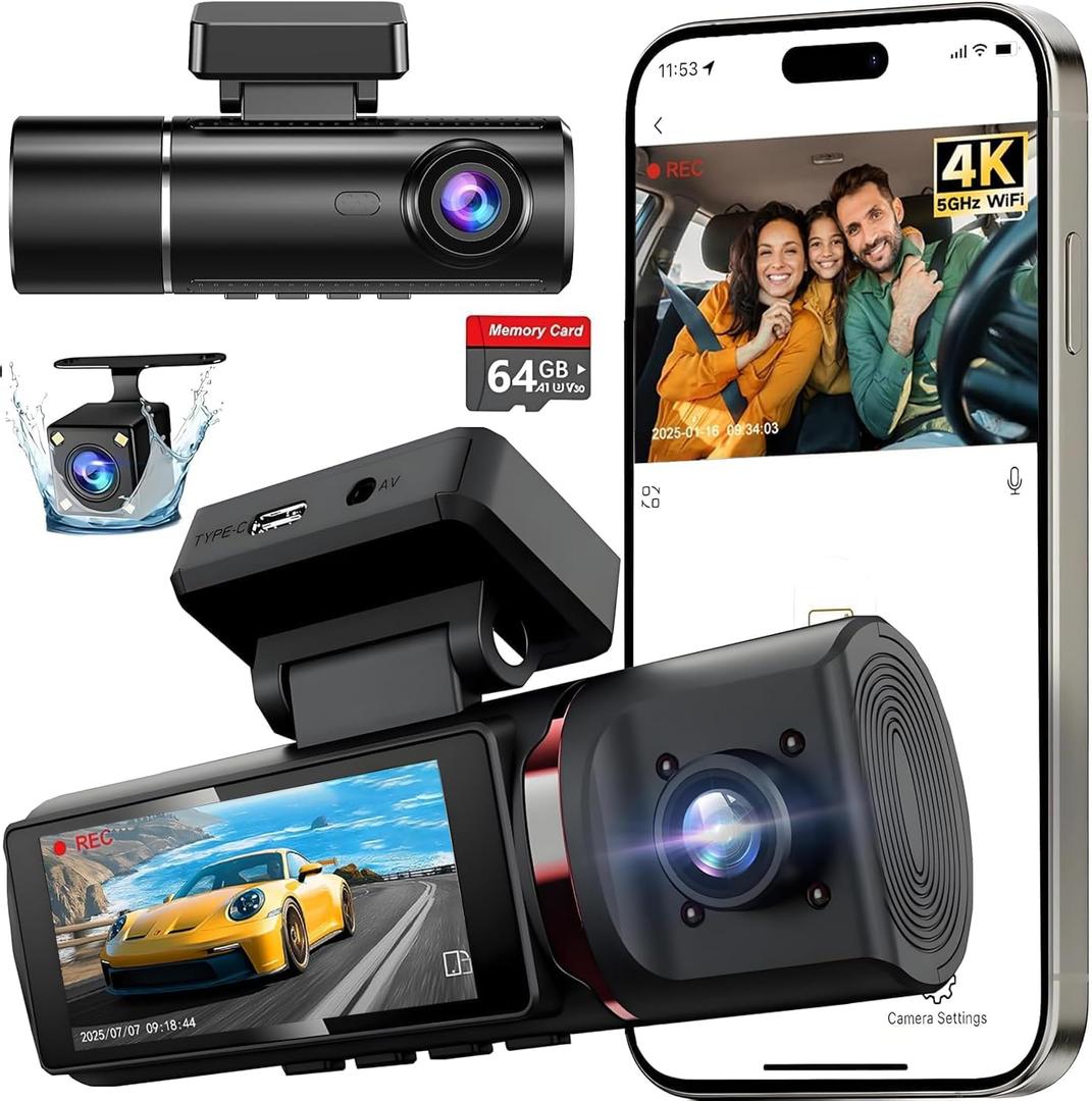 3 Channel 4K Dash Cam Front, 1080P Dash Camera Rear and Inside for Cars with 3.16 IPS Screen, 64GB Card, G-Sensor, 24Hr Parking, App Control,Loop Recording, Night Vision,Support 256GB Max (Deep Black)
