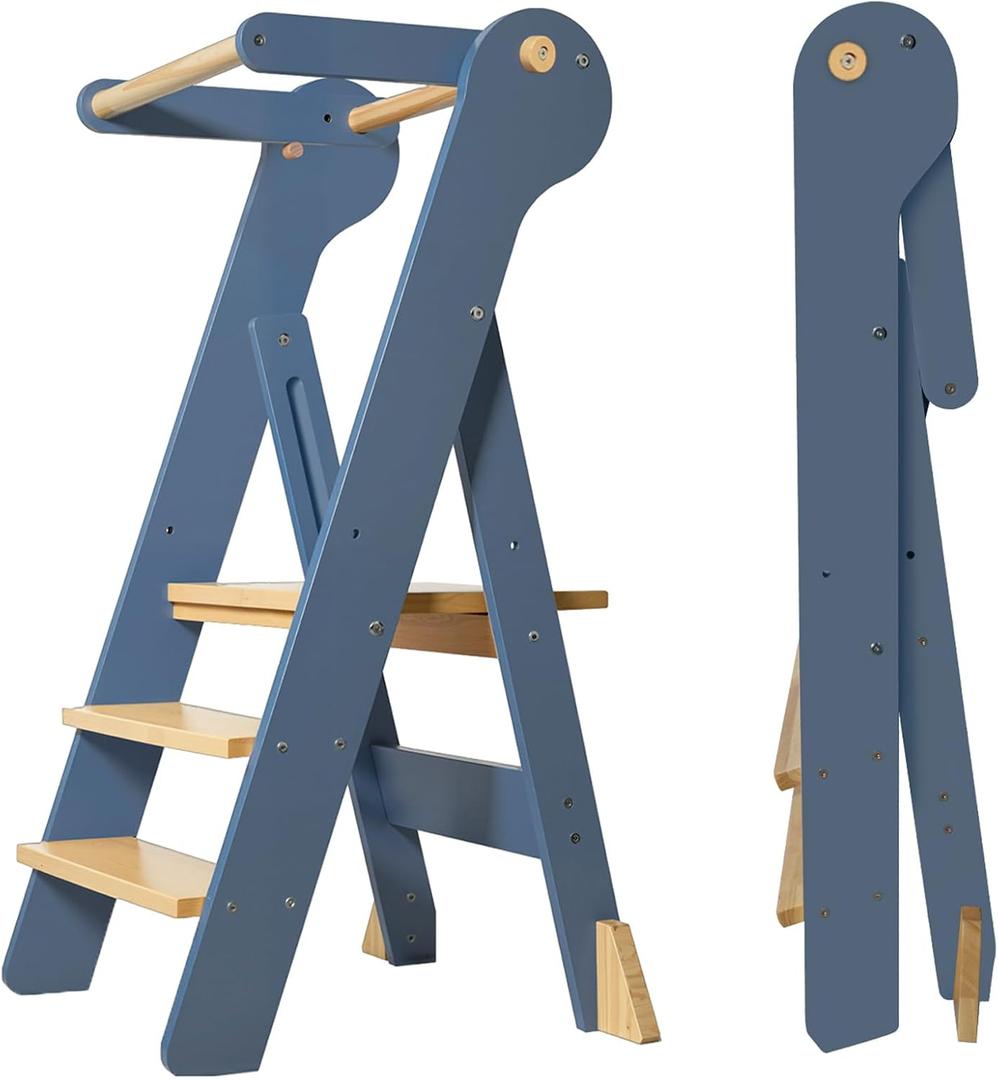 Foldable Toddler Tower, Kids Kitchen Step Stool, Height Adjustable Montessori Toddler Standing Tower with Safety Rail & Anti-Slip Design, Wooden Helper Stool for Ages 16 (Blue Gray)