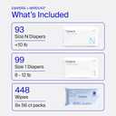 Coterie Baby Wipes + Diapers Kit, Size 1 (99 Count) & Size Newborn Diapers (93 Count), 8 Pack (448) Baby Wipes with 99% Water, Plant Based Materials, Hypoallergenic for Sensitive Skin