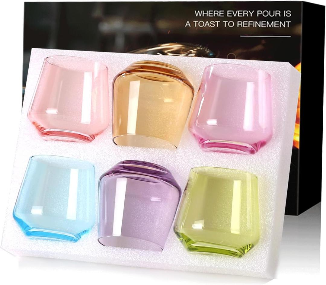 Colored Stemless Wine Glasses Set of 6-14 oz Hand-Blown Crystal Colored Glassware with, Multicolor Wine Glass for Wine Lovers, Birthday Gifts for Women
