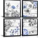 HOMEOART Floral Wall Art Flower Painting Bathroom Wall Art Bedroom Wall Decor, Set of 4, Black Frame 12x12inchx4Pieces (Blue)