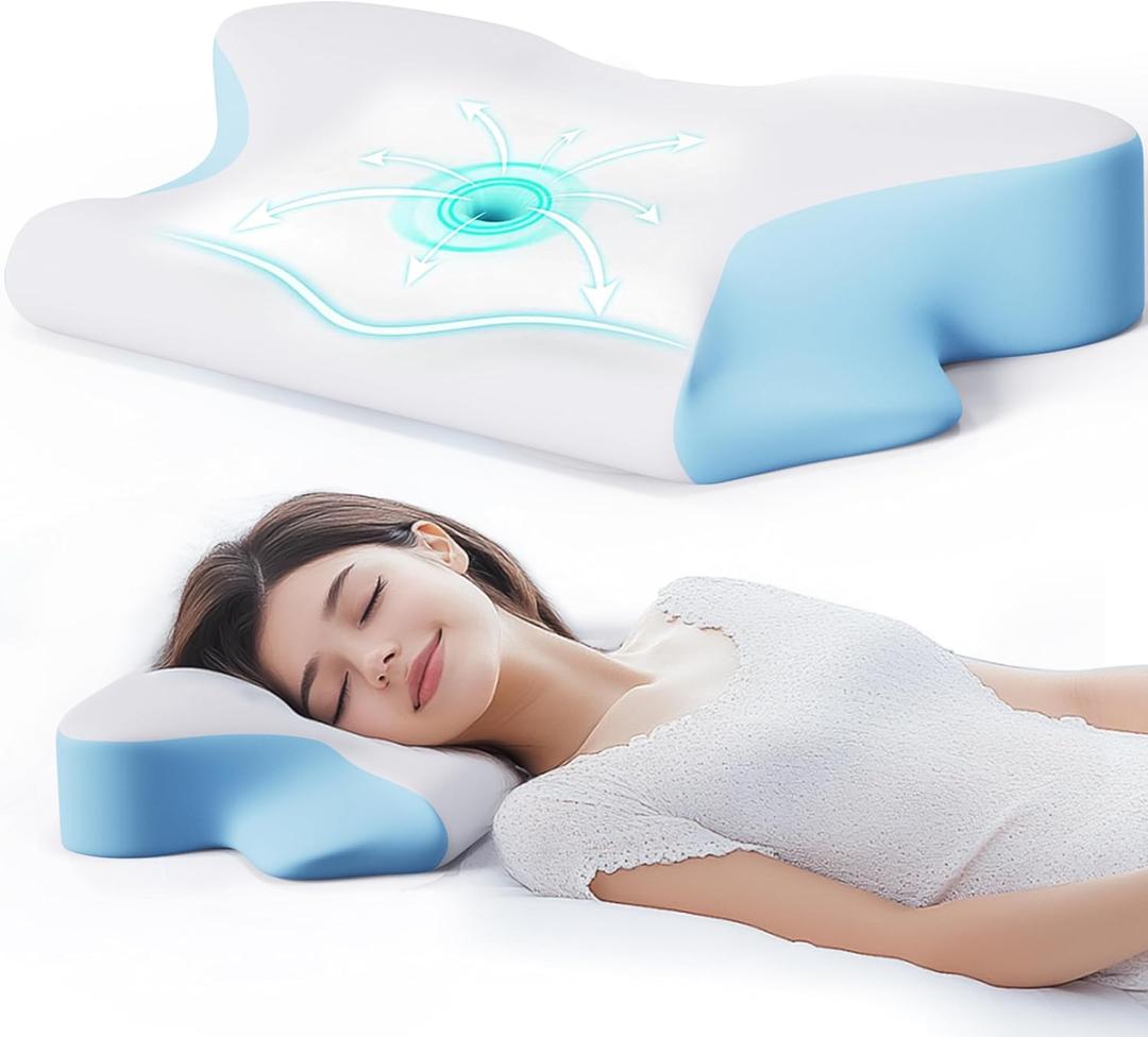 SKYEMAC Cervical Neck Pillow, Neck and Shoulder Support Pain Relief Pillow, Memory Foam Contoured Height Adjustable Pillow, Ergonomic Orthopedic Pillow for Bed Side Back Stomach Sleeper,Blue