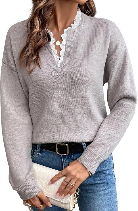 SHENHE Women's Lace Peplum Sweater 2026 Spring V Neck Casual Knit Long Sleeve Tops Elegant Lightweight Pullover Clothes, Size M