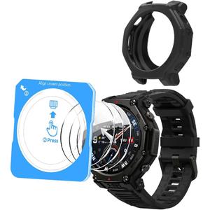 Watch Screen Protector for Amazfit T-Rex 3 Pro 48mm，with Auto-alignment Installation Frame, Tempered Glass Film Anti-Scratch High Definition Full Coverage and Silicone Case Cover (black)