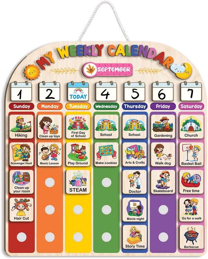Wooden Weekly Calendar for Kids, Kids Weekly Planner, Large Week's Routine for Toddler, Daily Weekly Routine for Boys Girls Age 3+ (02)