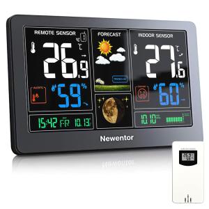 Newentor Weather Station Wireless Indoor Outdoor Thermometer, Color Display Digital Weather Thermometer with Atomic Clock, Barometric Pressure, Forecast Station with Adjustable Backlight, Black