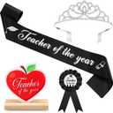 4 Pcs Teacher of The Year Gifts Graduation Crown Sash Badge Keepsake and Paperweight Thank You Teacher Appreciation Week Gifts for End of Year Award Graduation Retirement